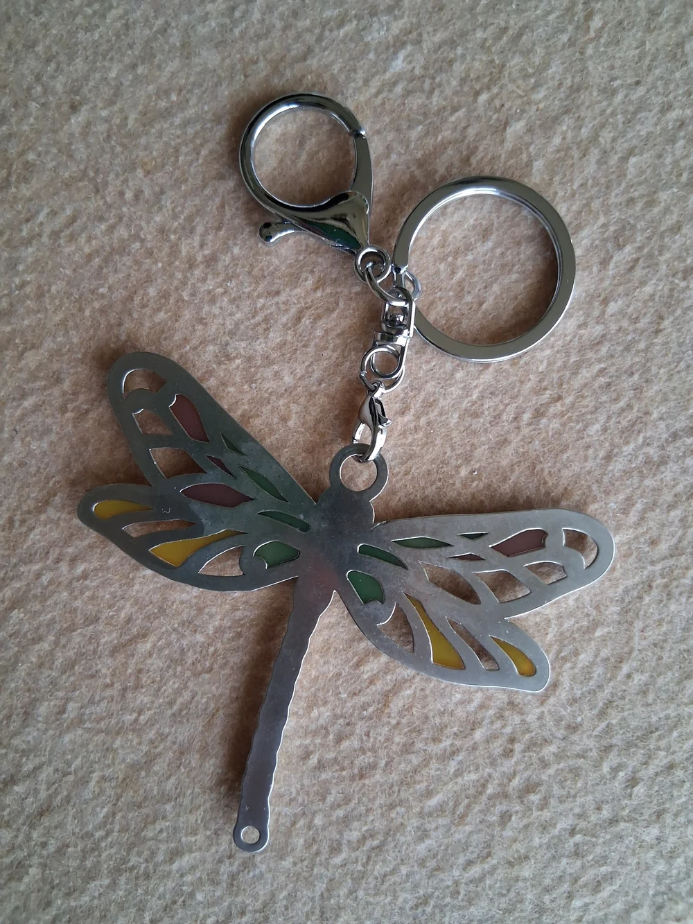 Dragonfly Keychain Silver Tones with Yellow and Green Accents